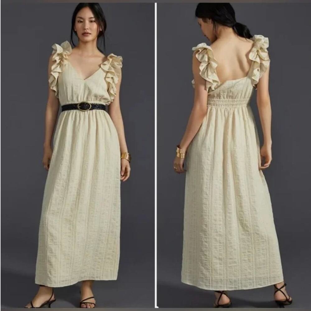 Anthropologie Mare Mare Flutter Sleeve Maxi Dress V-Neck Neutral Tan Size Large